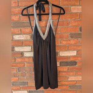 BCBGMAXAZRIA V Neck Dress Black with Silver Accents Size S